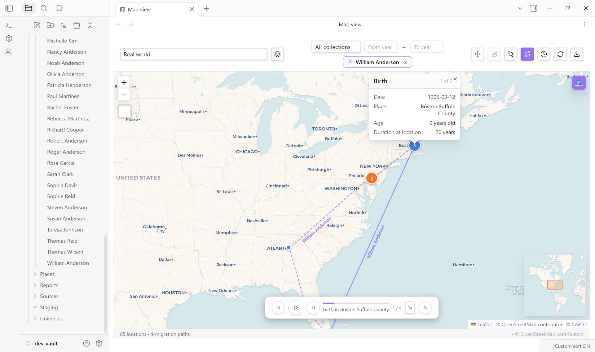 Map view showing migration paths plotted between locations.